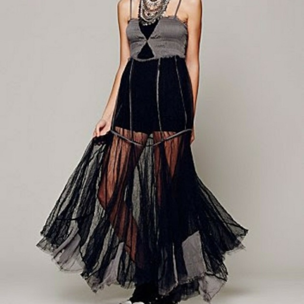 Free People Raw Tulle Maxi Slip Dress Black and Gray